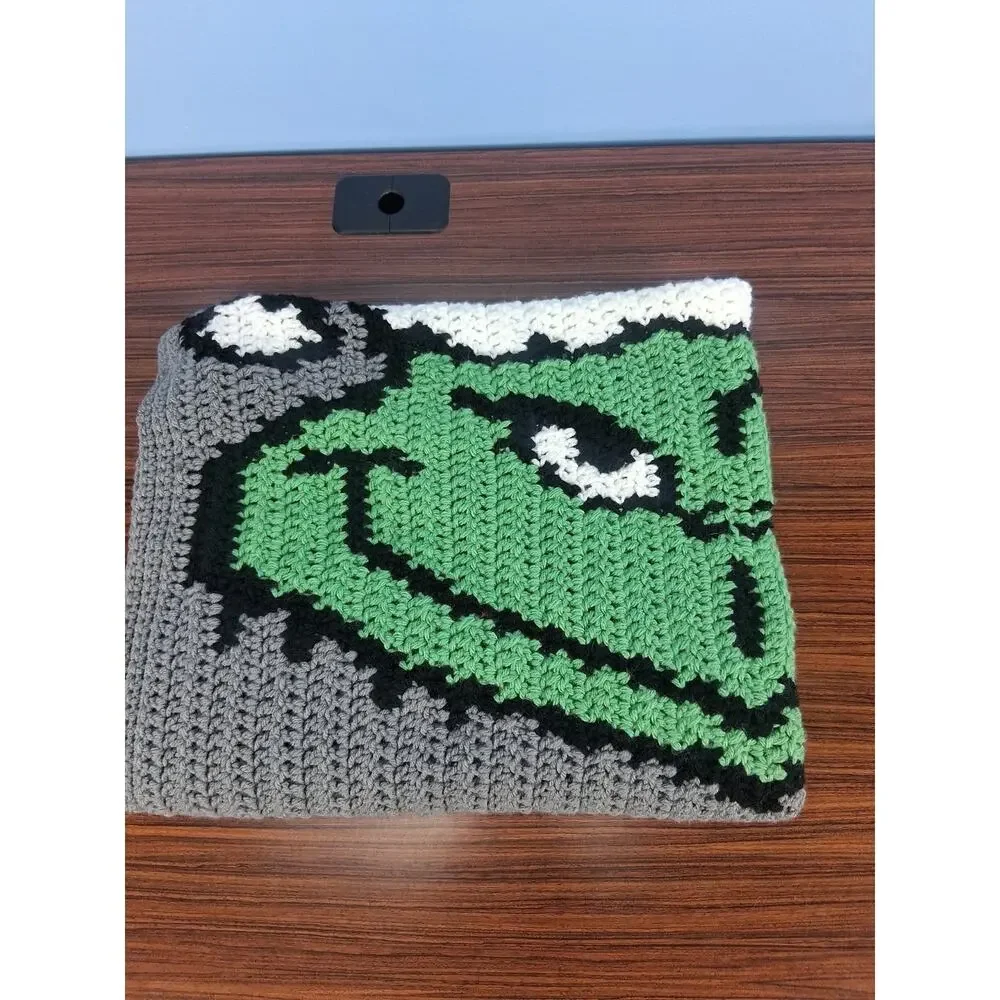 Handmade Crocheted Grinch Blanket 48 × 28 Green Grey Christmas Playful Winter